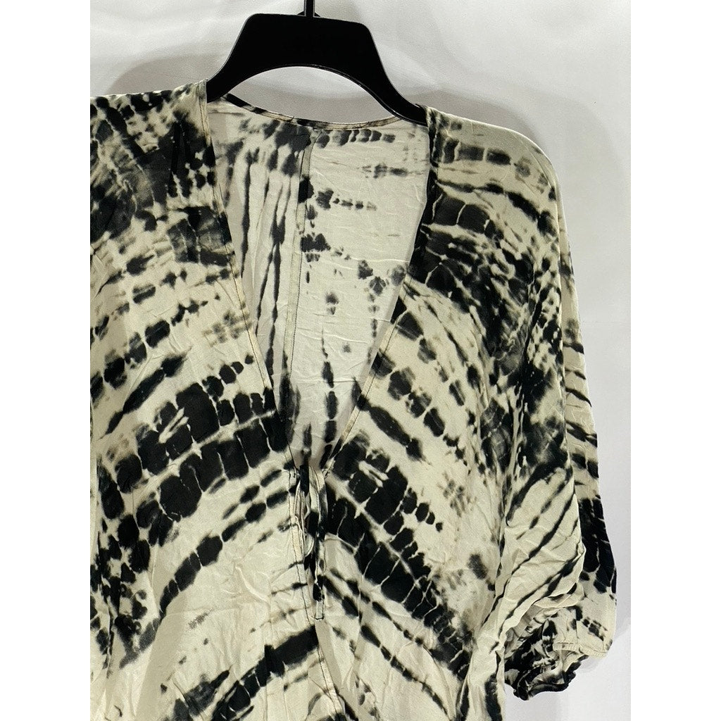 FORVER 21 Women's Beige-Black Surplice Tie-Dye Short Sleeve Relaxed-Fit Top SZ S