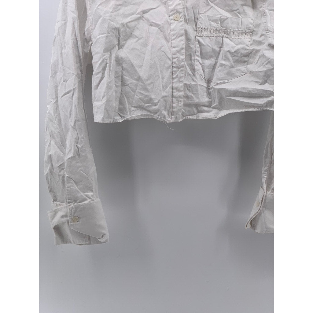 ZARA Women's White Embroidered Button-Up Long Sleeve Crop Top SZ M