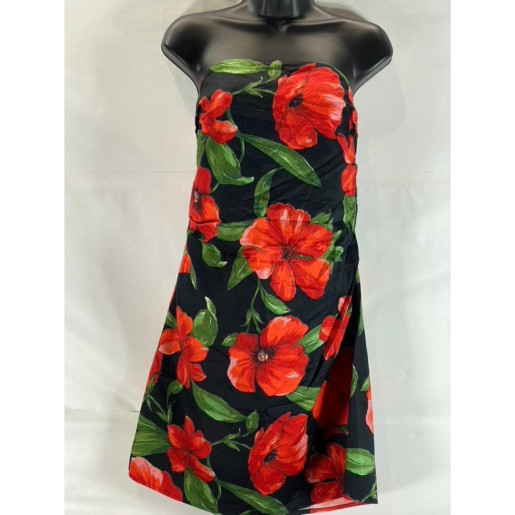 MNG By Mango Women's Black/Red Floral Print Strapless Bodycon Mini Dress SZ 8