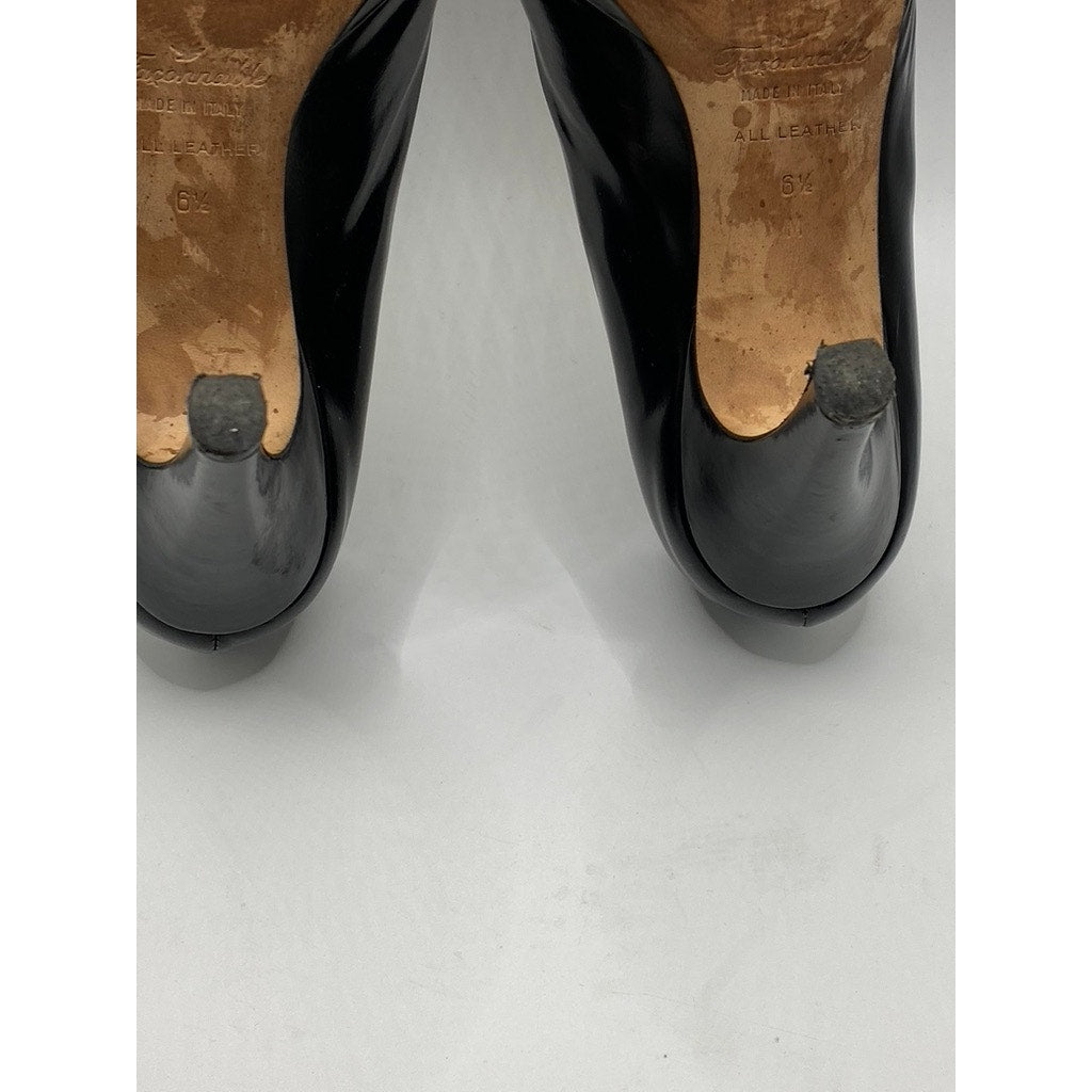 FACONNABLE Women's Black Leather Peep-Toe Slip-On Stiletto Heels SZ 6.5