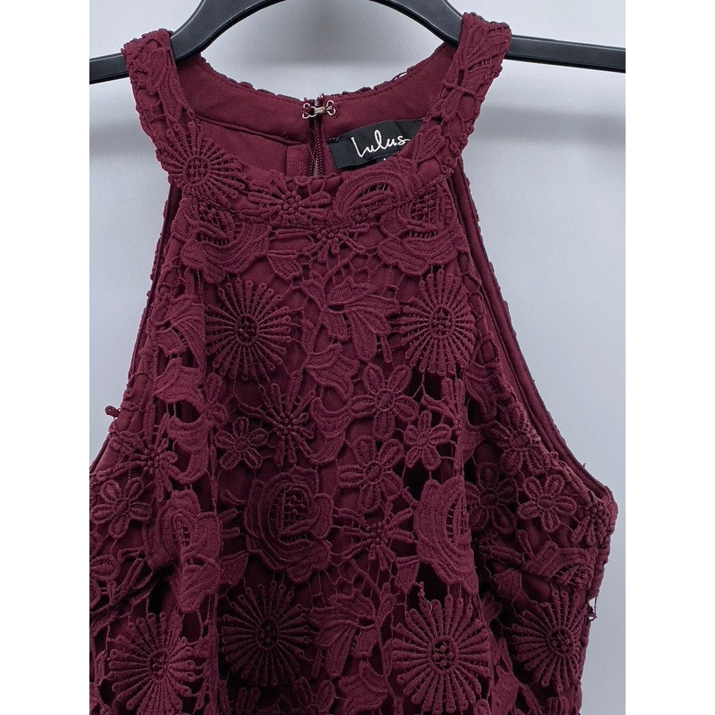 LULUS Women's Burgundy High-Neck Lace Sleeveless Mini Dress SZ M