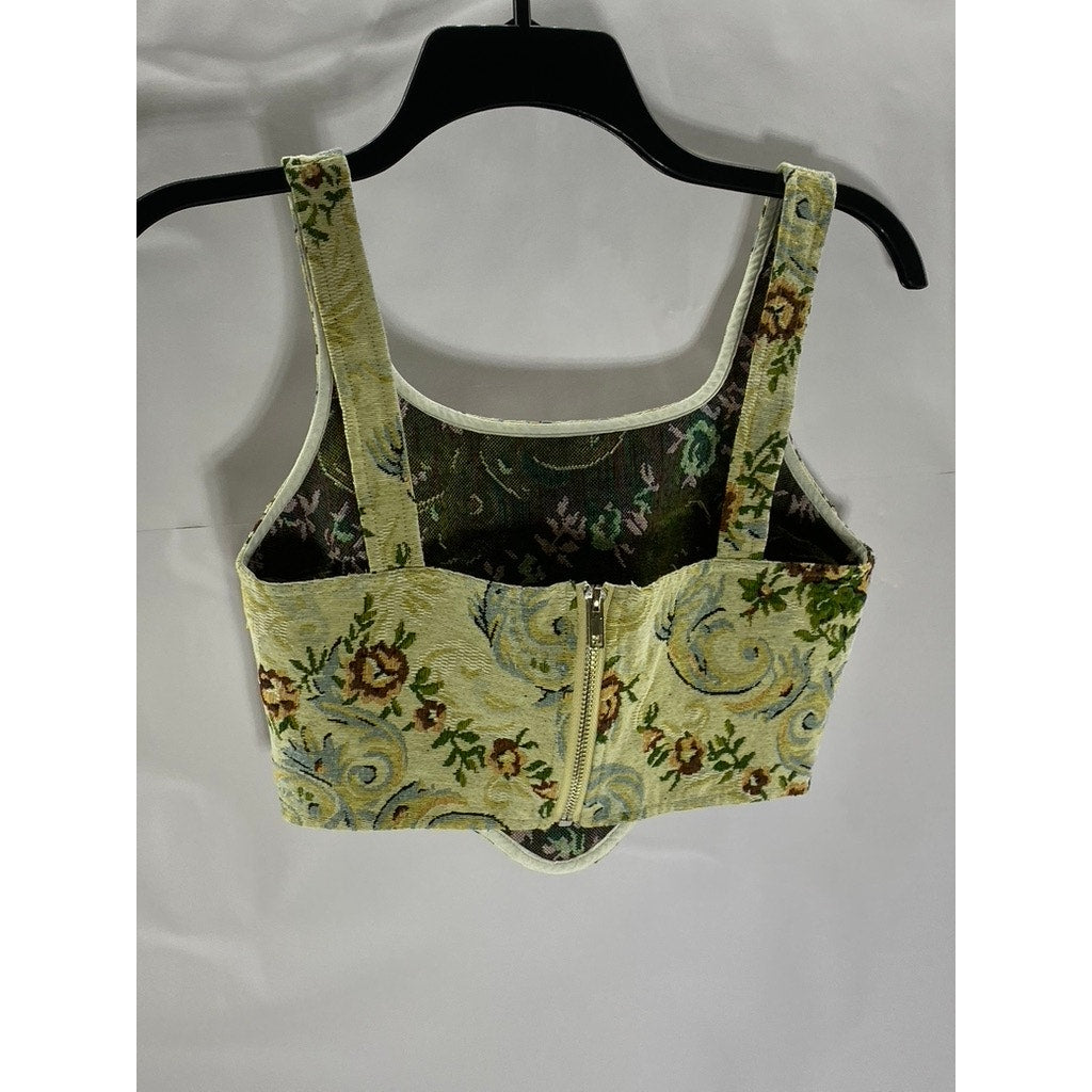 COMMENSE Women's Beige/Multi Floral "Vintage" Textured Corset Crop Top SZ XS