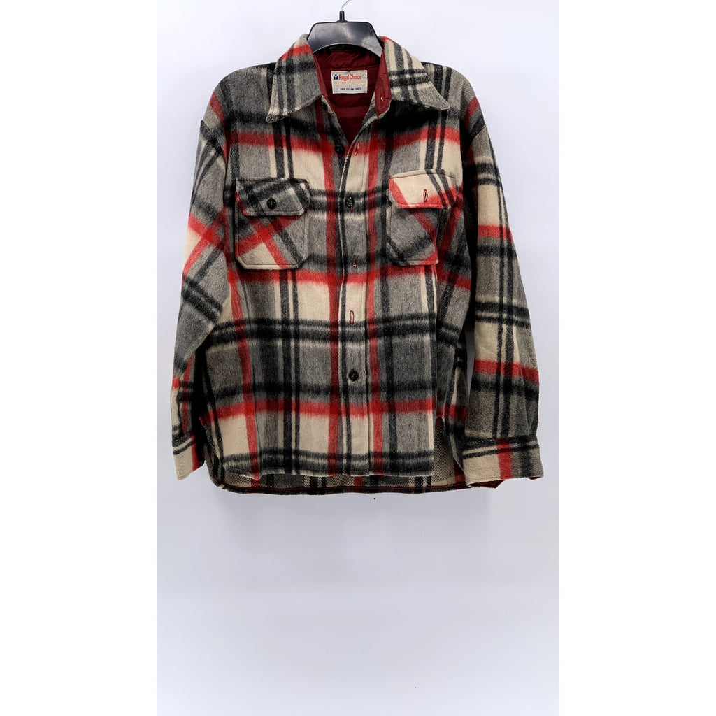ROYAL CHOICE Men's Red-Black Vintage Plaid Wool-Linen Shirt Jacket SZ L