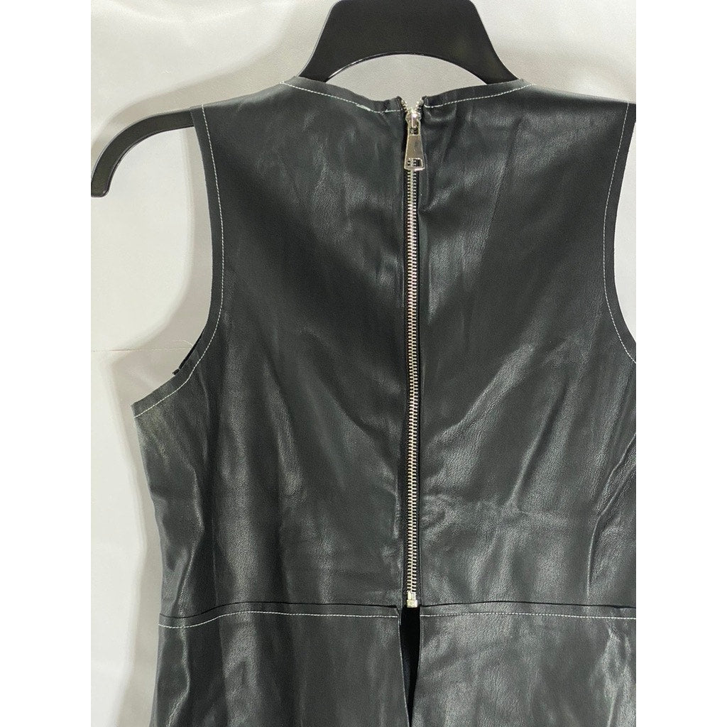 ZARA BASIC Women's Black Faux-Leather Contrast Stitch Back Zipper Top SZ M