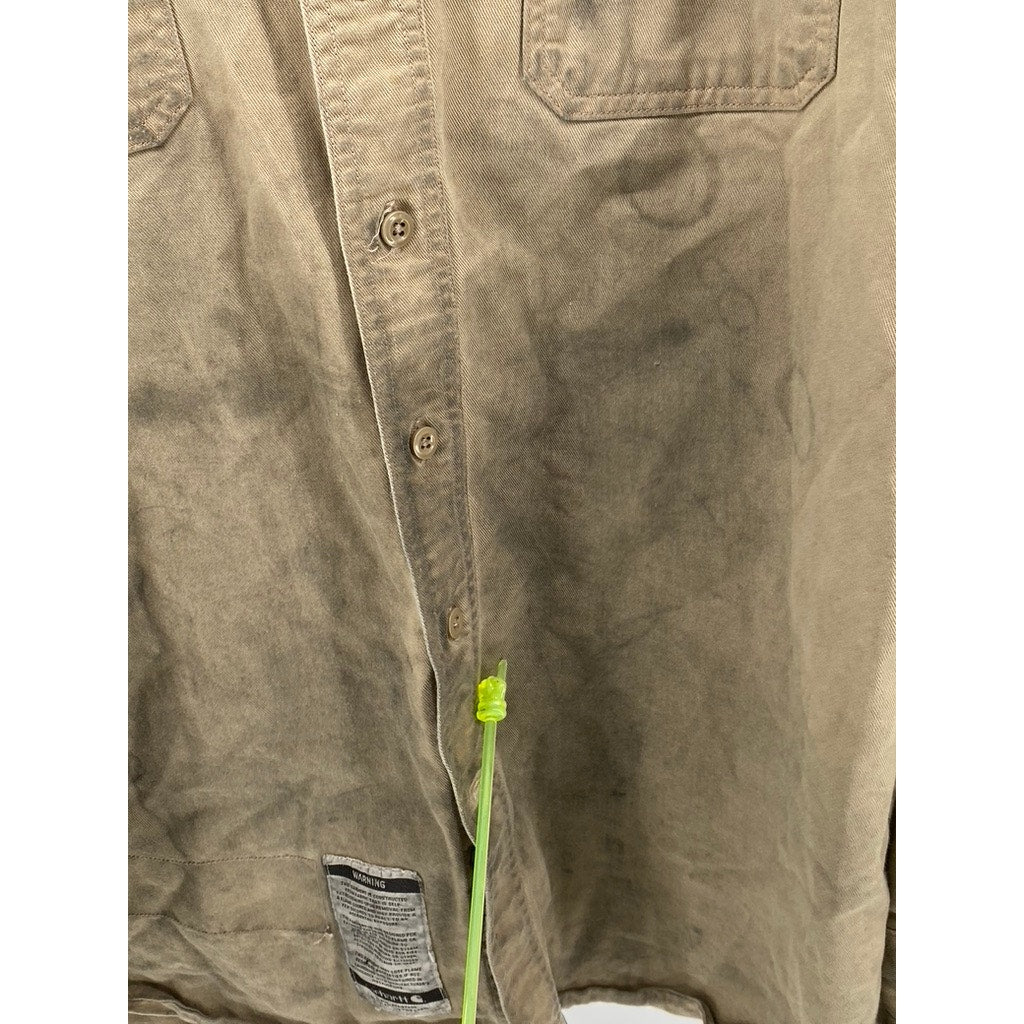 CARHARTT Men's Tan Distressed FR Regular Fit Twill Button-Up Shirt SZ 2XL
