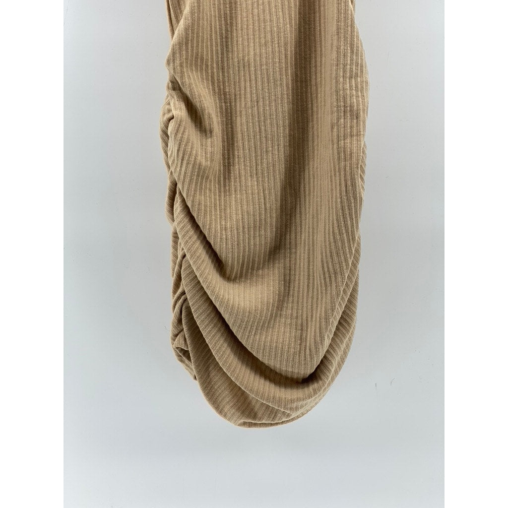 PRETTY LITTLE THINGS Women's Tan Ribbed Scoop-Neck Bodycon Mini Dress SZ 8