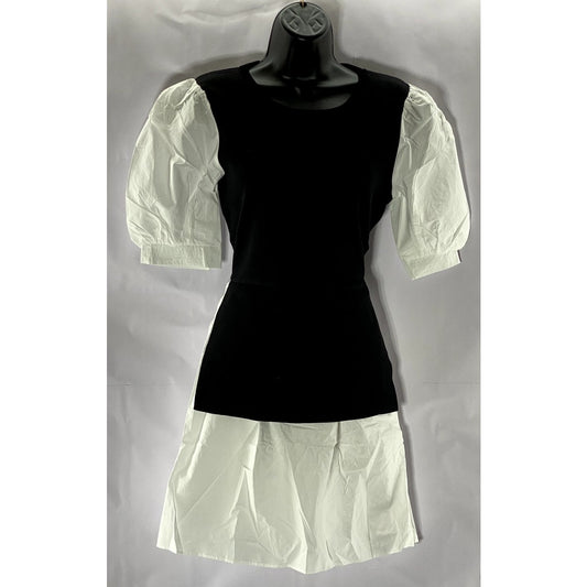 ENGLISH FACTORY Women's Black/White Short Puff Sleeve Poplin Mini Dress SZ M