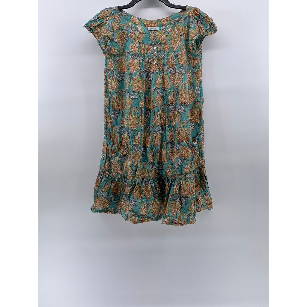 KUNDALINI Women's Green-Tan Printed Henley Short Sleeve Ruffle Hem Dress SZ S