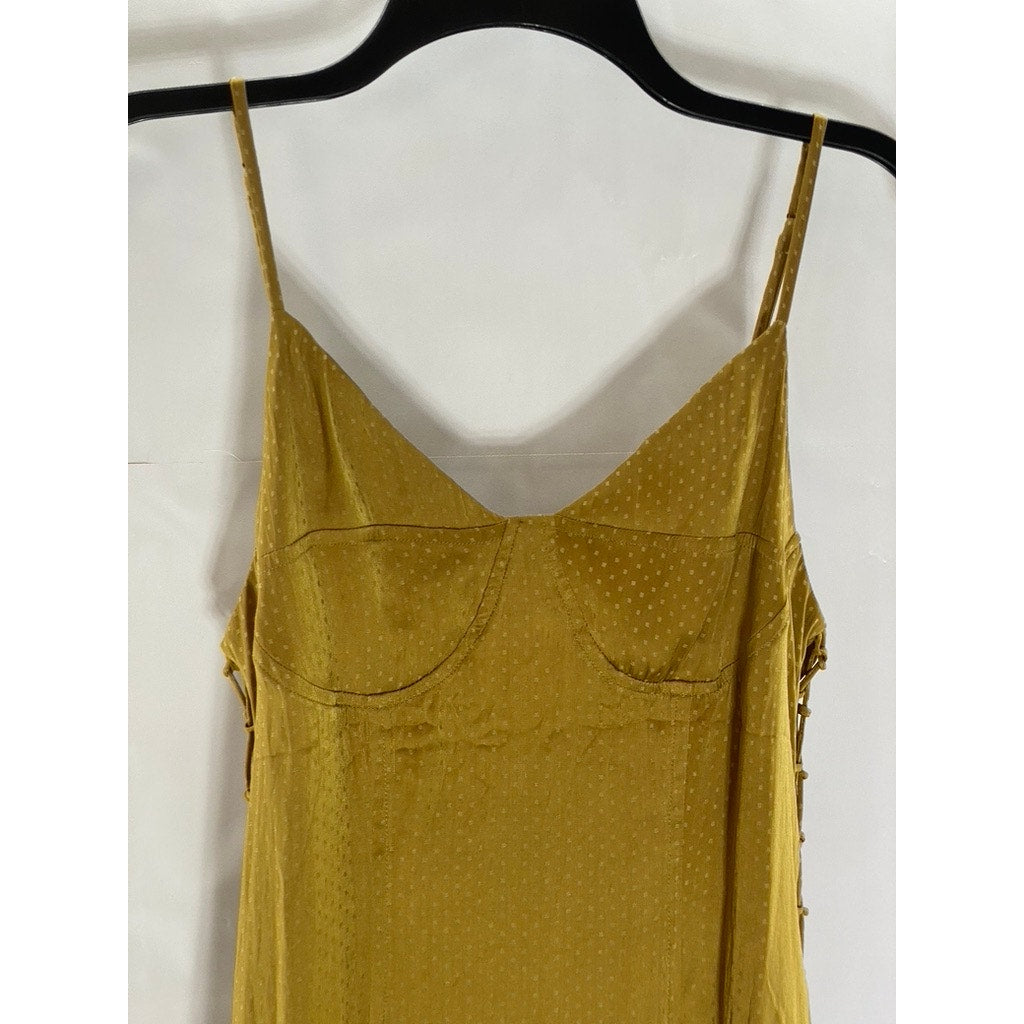 SIMPLE RETRO Women's Gold Micro Dot Print V-Neck Side Slit Midi Dress SZ S