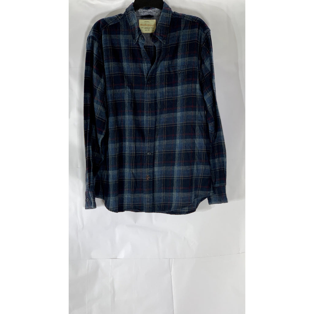 WEATHERPROOF Vintage Original Men's Blue Plaid Button-Up Regular-Fit Shirt SZ L