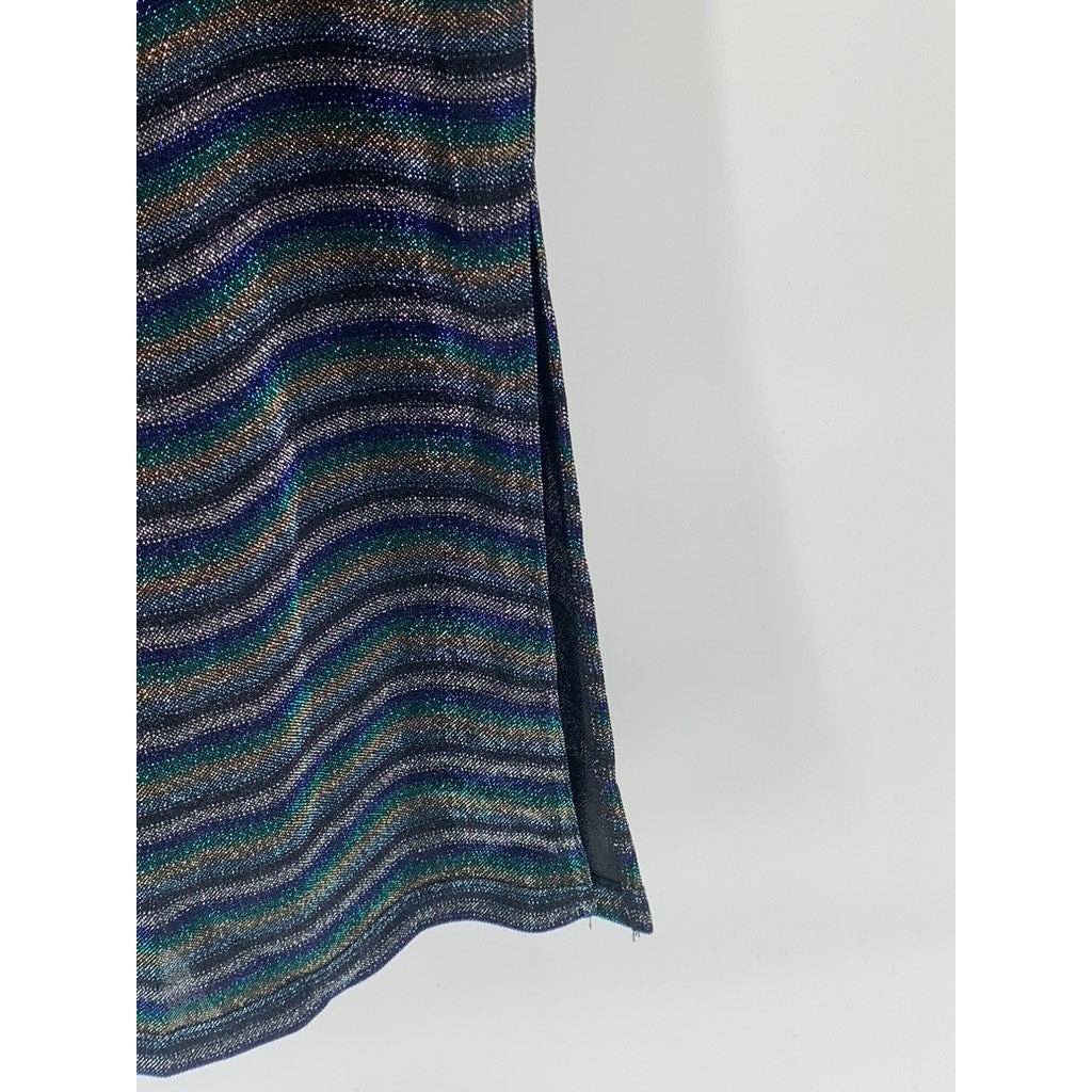 KEITH HARING By GGPX Women's Black-Multi Striped Metallic V-Neck Midi Dress SZ S