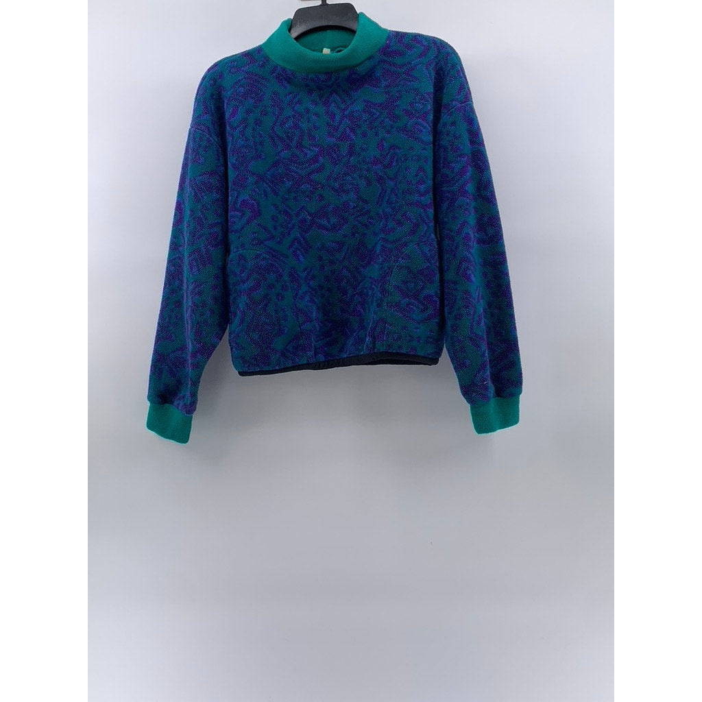 UNBRANDED Women's Vintage Blue-Green Fleece Mock-Neck Long Sleeve Sweater SZ S