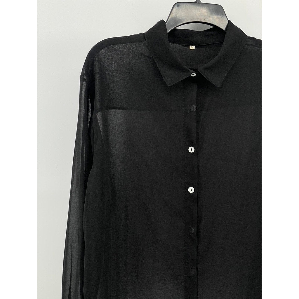 UNBRANDED Women's Black Sheer Button-Up Long Sleeve Top SZ S