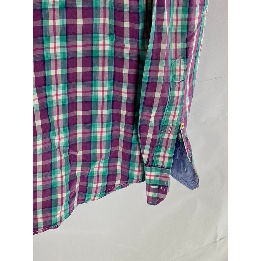 BANANA REPUBLIC Men's Purple-Teal Plaid Tailored Slim-Fit Button-Up Shirt SZ M