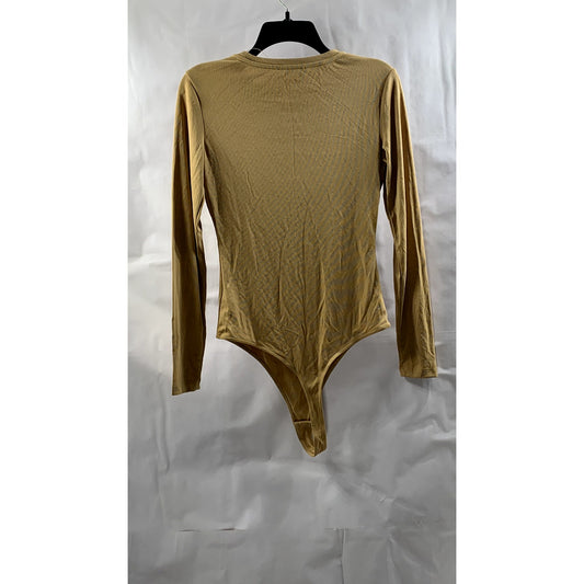 ELODIE Women's Tan Ribbed Crewneck Long Sleeve Thong Bodysuit SZ L