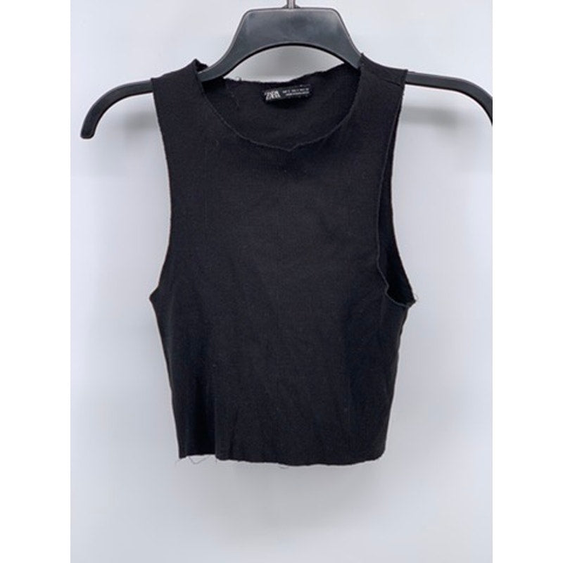 ZARA Women's Black Ribbed Scoop-Neck Raw-Trim Sleeveless Cropped Top SZ S