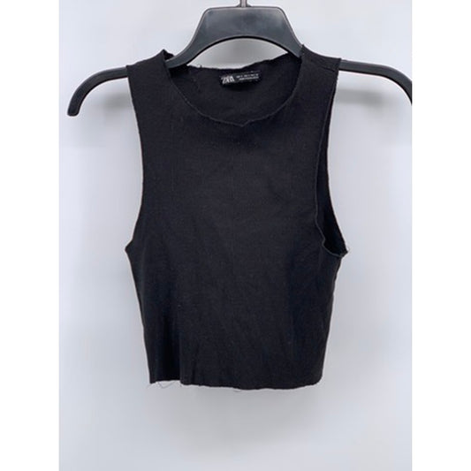 ZARA Women's Black Ribbed Scoop-Neck Raw-Trim Sleeveless Cropped Top SZ S