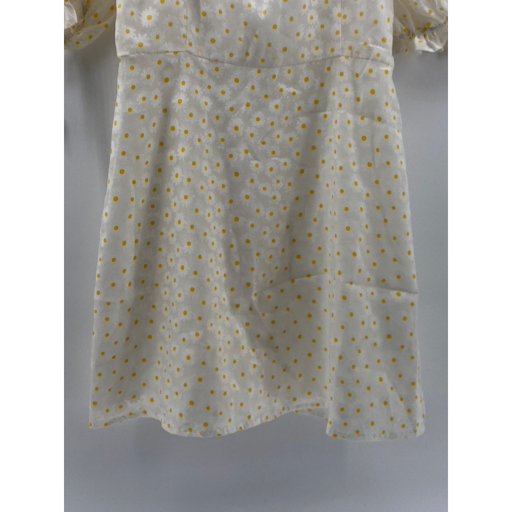 FOREVER 21 Women's White-Yellow Daisy Print Short Puff Sleeve Mini Dress SZ S