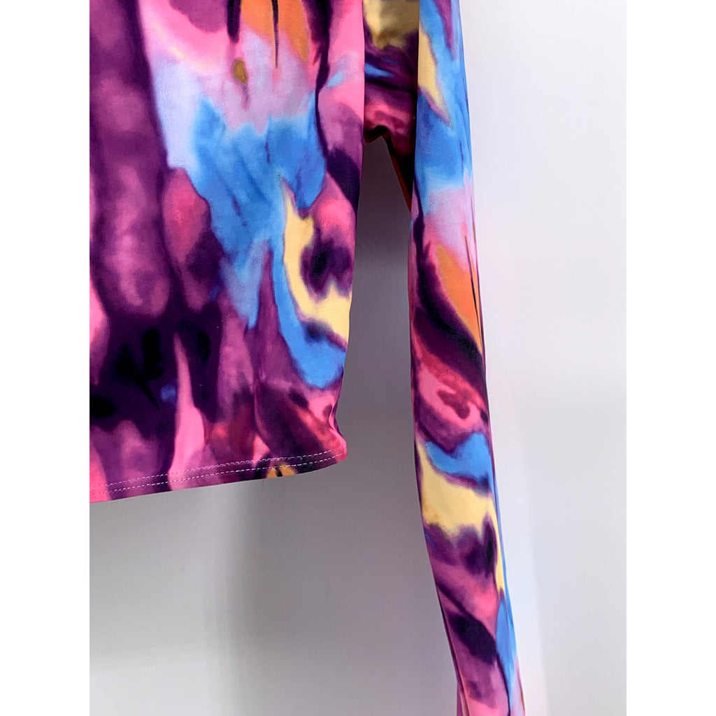 MATTE COLLECTION Women's Pink-Blue Tie-Dye Crewneck Long Sleeve Swim Top SZ M