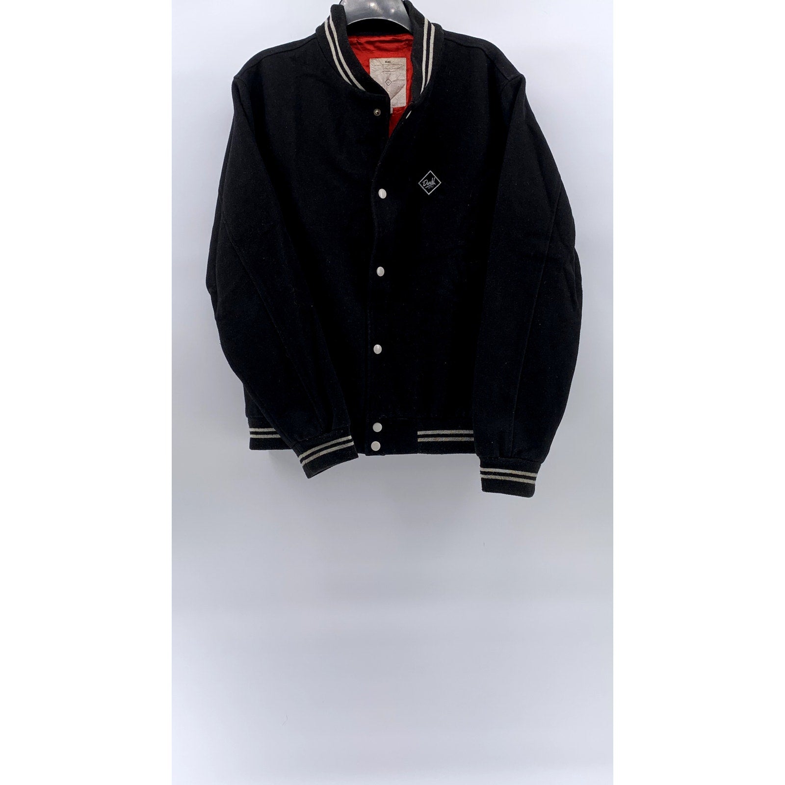 DURKL Men's Vintage Black-White Button-Up Striped-Trim Varsity Jacket SZ M