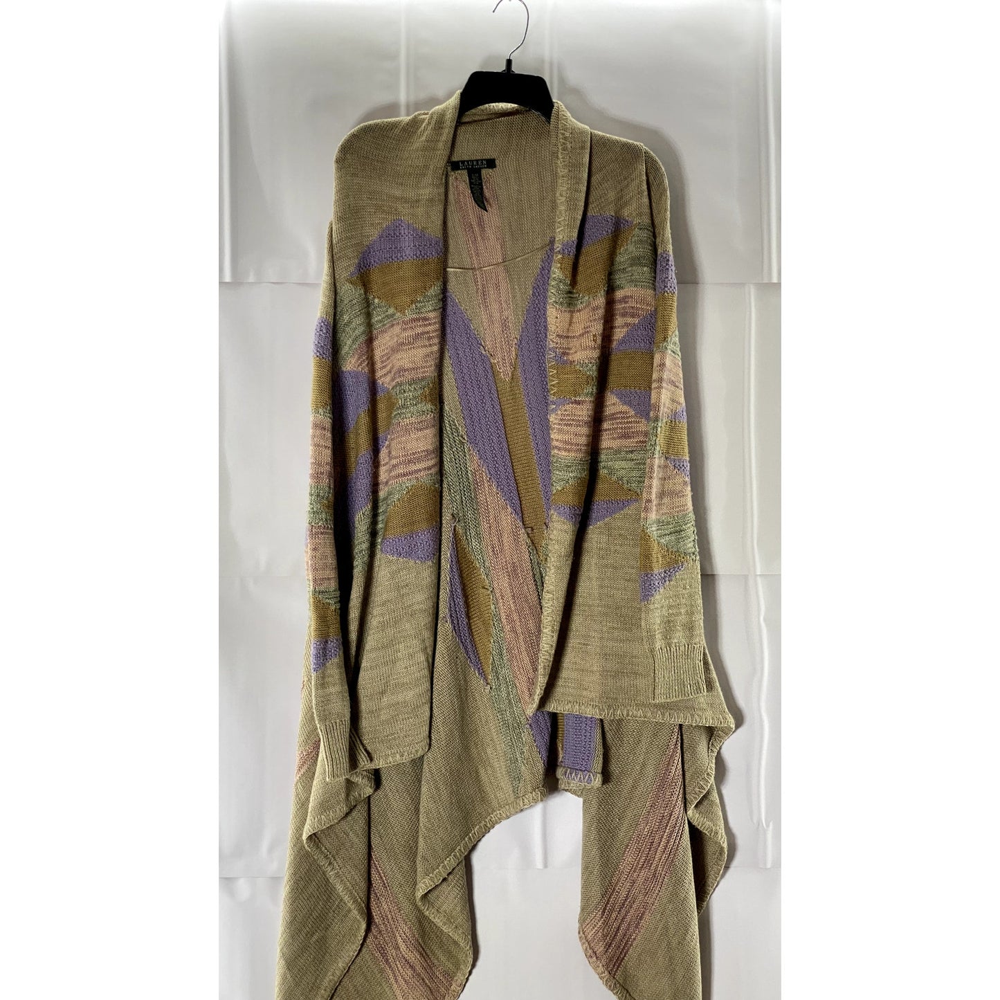 LAUREN RALPH LAUREN Women's Tan/Multi Southwestern Draped Open Cardigan SZ S/M