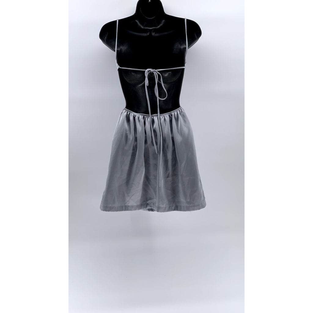 SUNDAYS Women's Blue Satin Backless Straight-Neck Fit & Flare Mini Dress SZ M