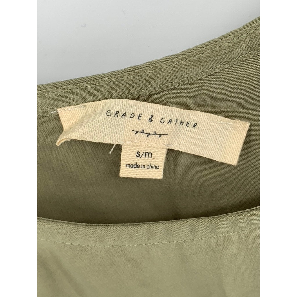 GRADE & GATHER Women's Olive Green Crewneck Relaxed-Fit A-Line Mini Dress SZ S
