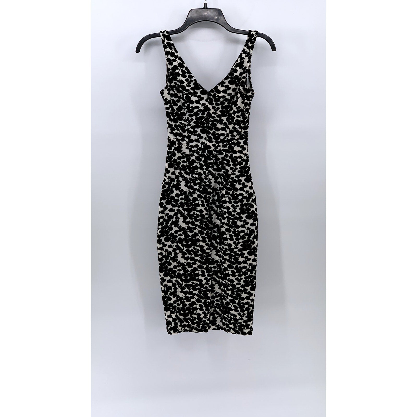 UNBRANDED Women's Black-White Floral V-Neck Sleeveless Bodycon Midi Dress SZ S