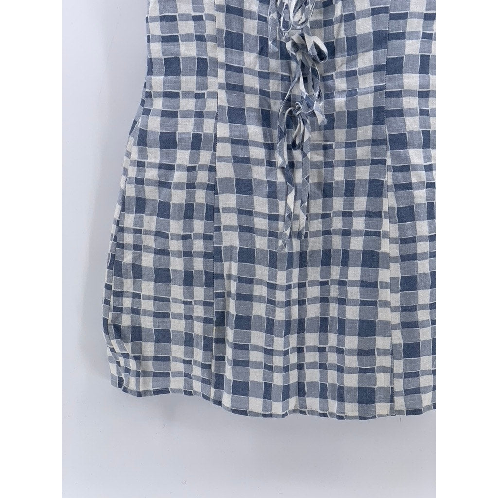 REFORMATION Women's Blue-White Checkered Reia Linen Mini Bodycon Dress SZ 0