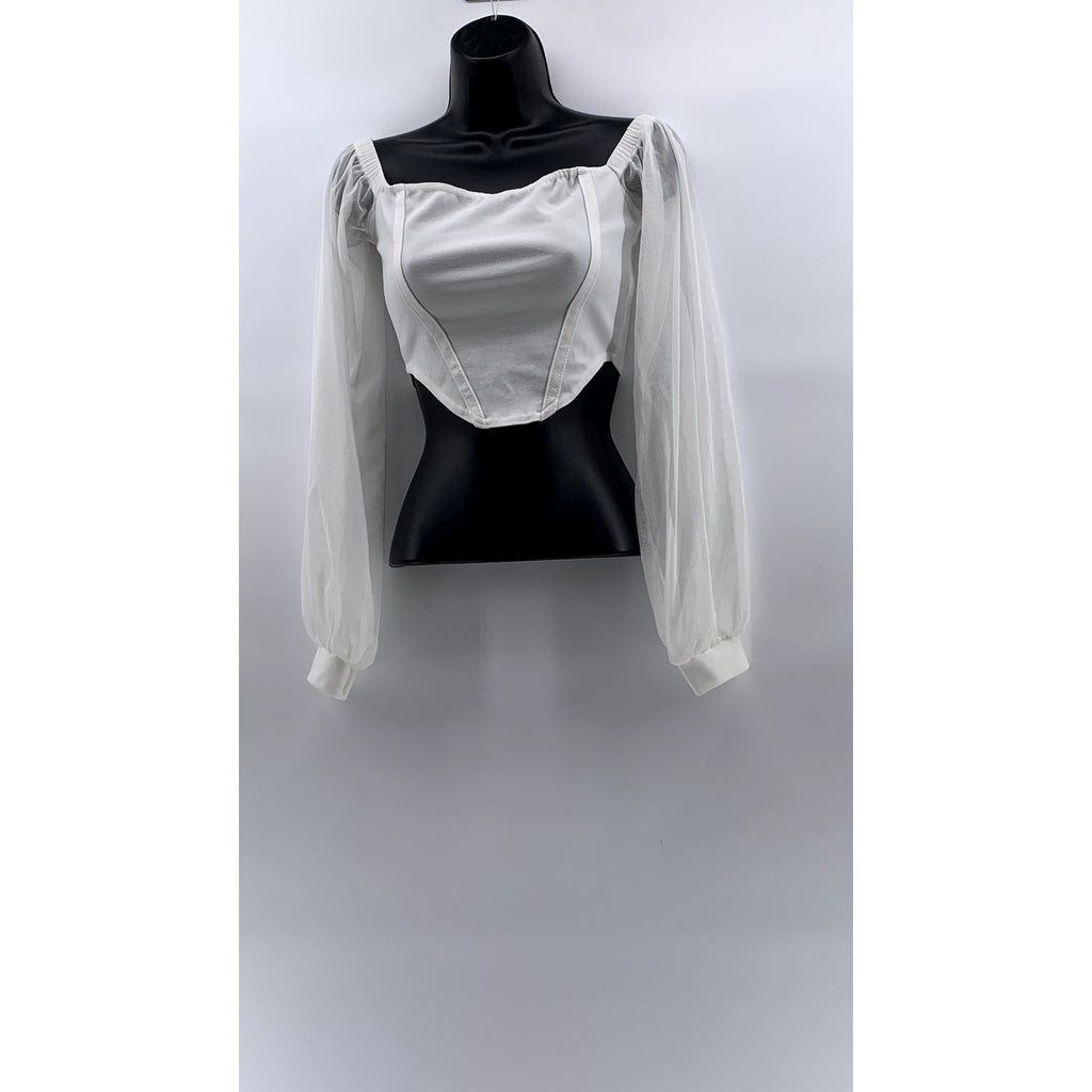 PRETTYLITTLETHING Women's White Shape Corset Sheer Long Sleeve Cropped Top SZ 2