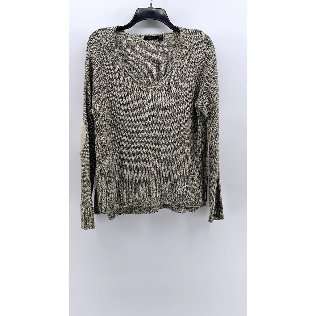 RDI Women's Beige-Black Marled V-Neck Elbow Patch Sweater SZ L