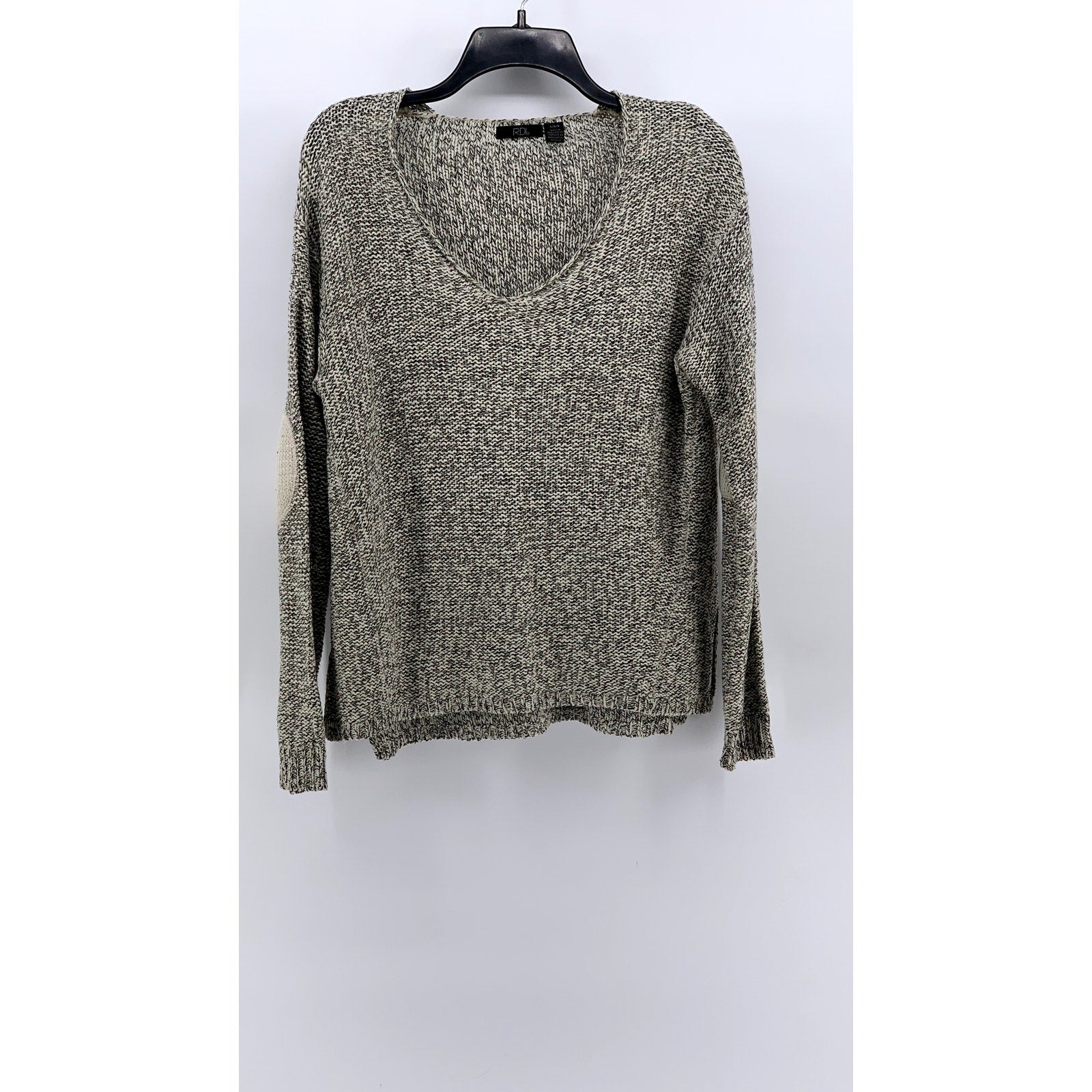 RDI Women's Beige-Black Marled V-Neck Elbow Patch Sweater SZ L