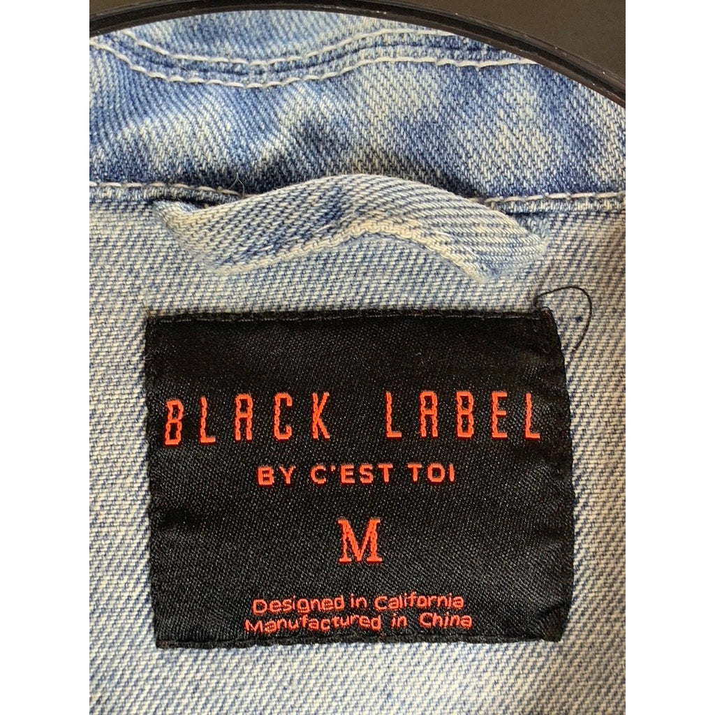 BLACK LABEL By C'EST TOI Women's Blue Denim Button-Up Belted Long Sleeve Top SZM