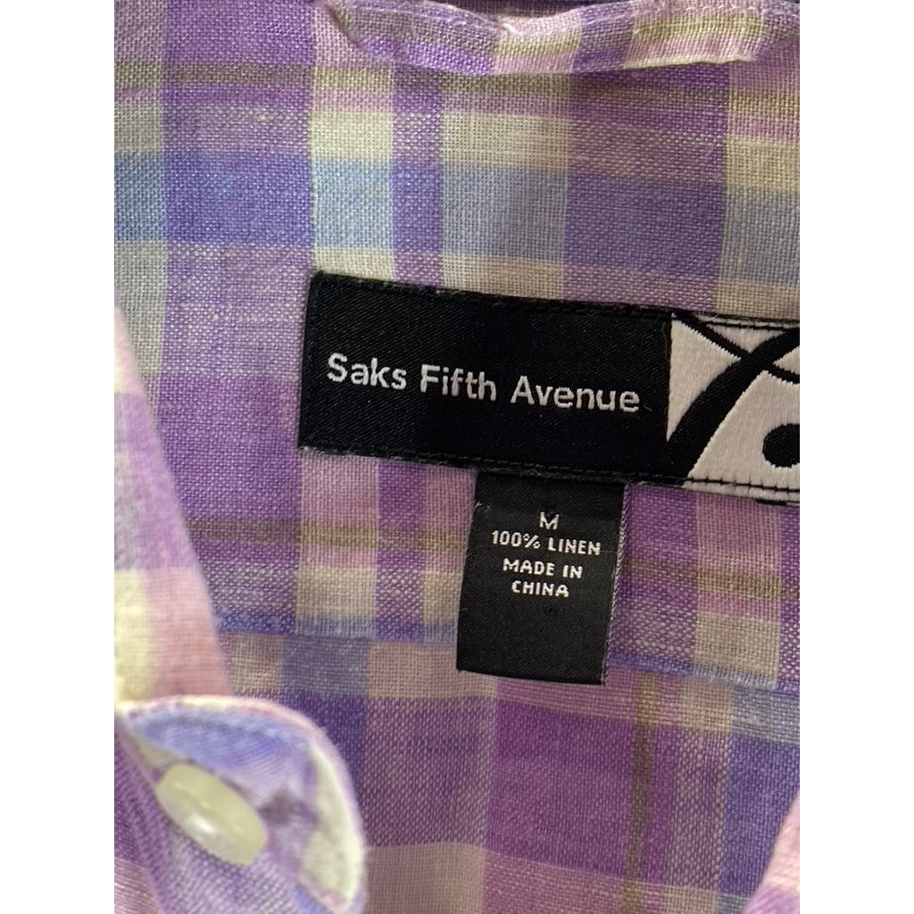 SAKS FIFTH AVENUE Men's Purple/Blue Plaid Linen Button-Up Long Sleeve Shirt SZ M