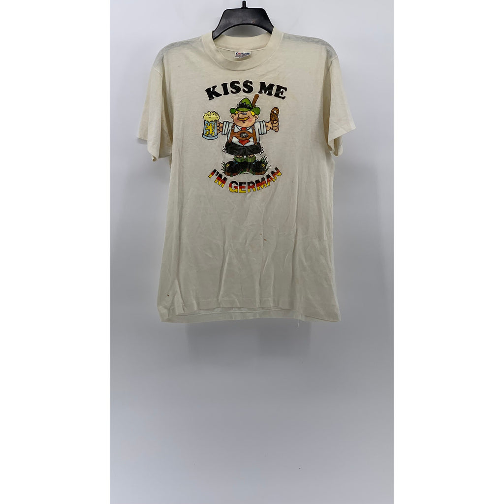 HANES Men's Beige Vintage Kiss Me Graphic Crewneck Single Stitch T-Shirt SZ L