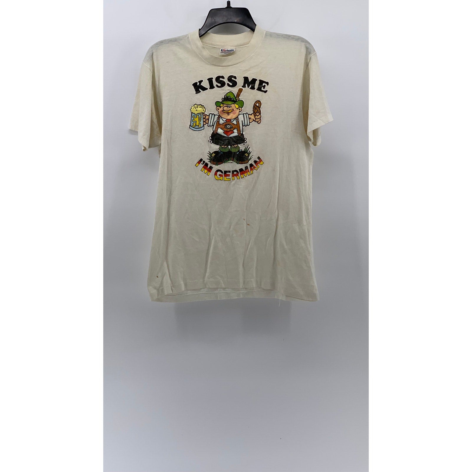 HANES Men's Beige Vintage Kiss Me Graphic Crewneck Single Stitch T-Shirt SZ L