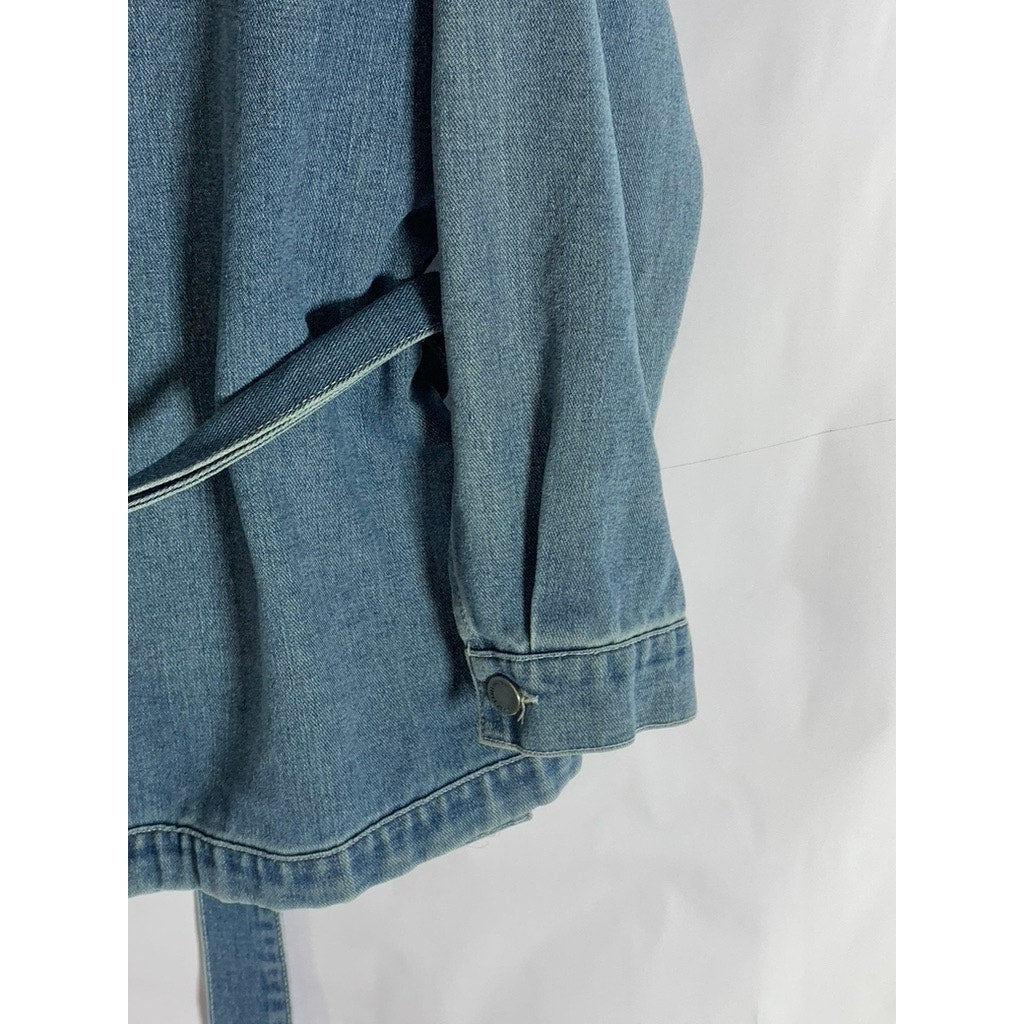 BLACK LABEL By C'EST TOI Women's Blue Denim Button-Up Belted Long Sleeve Top SZM