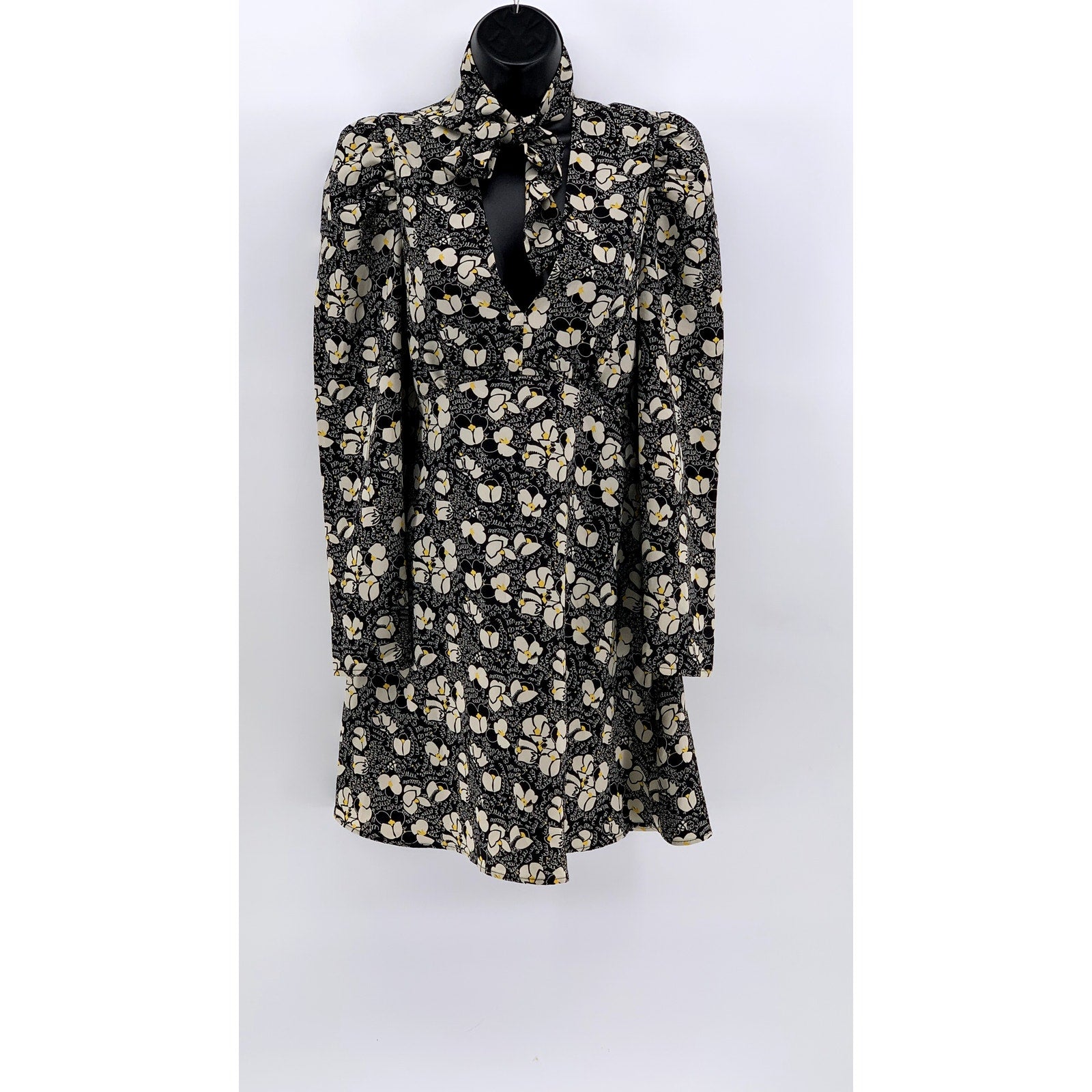TOPSHOP Women's Black Floral Print Tie Neck Long Sleeve Mini Dress SZ 4