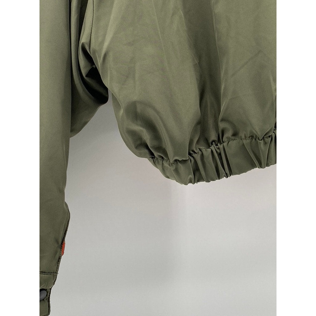 LABIJOU Women's Olive Green Snap-Button Cropped Puffer Jacket SZ M