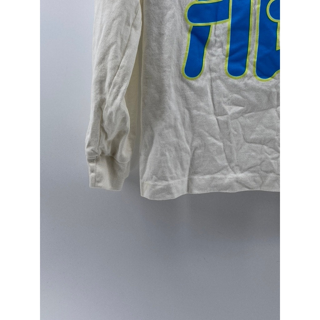 UNBRANDED Women's White-Blue Logo Crewneck Casual Long Sleeve T-Shirt SZ M
