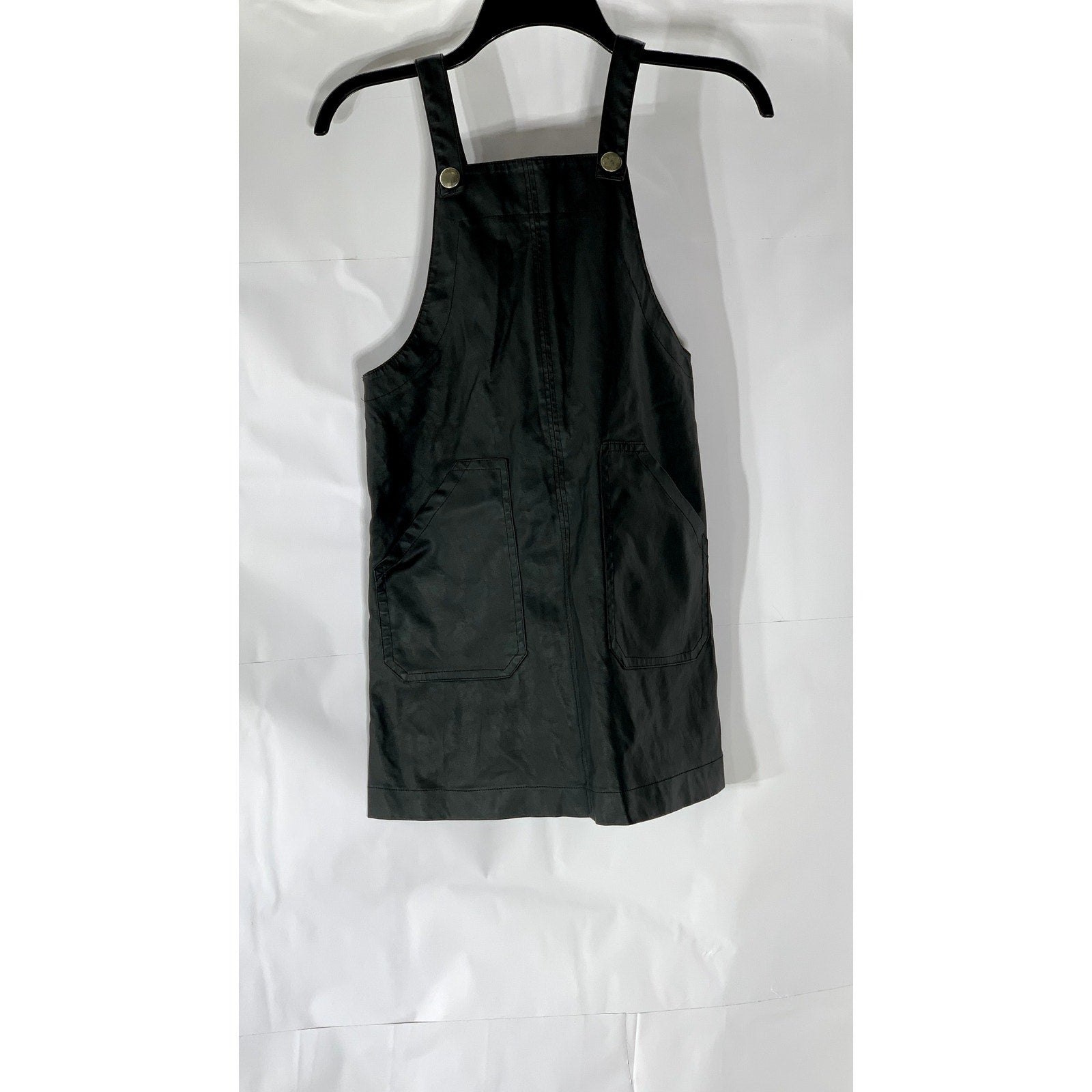 ZARA Girls Black Faux-Leather Snap-Button Overall Short Dress SZ 10