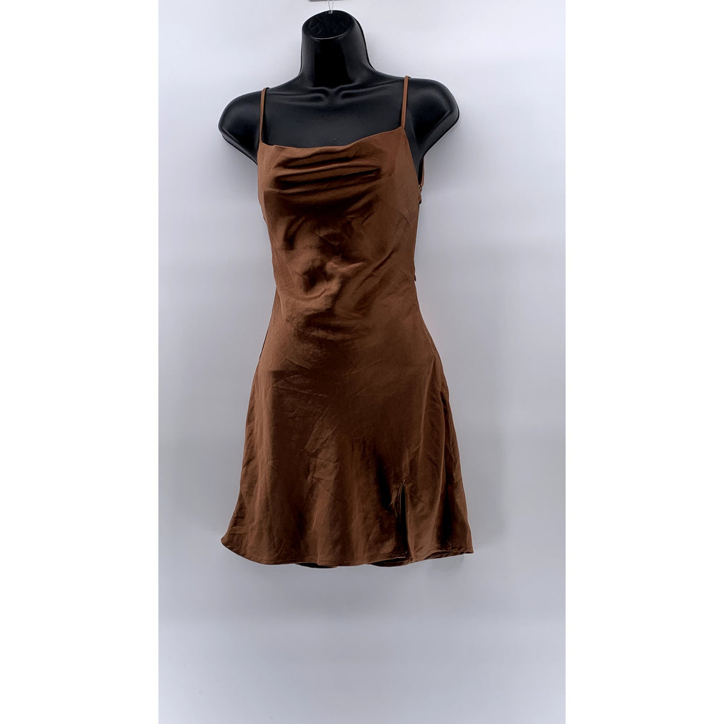 PRINCESS POLLY Women's Brown Satin Cowl-Neck Open Back Mini Dress SZ 0