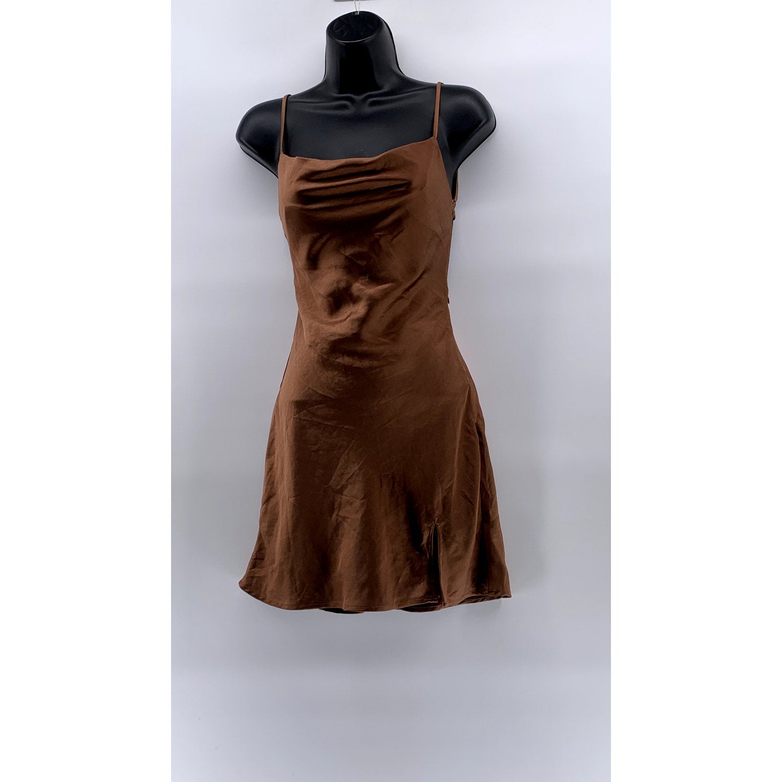 PRINCESS POLLY Women's Brown Satin Cowl-Neck Open Back Mini Dress SZ 0