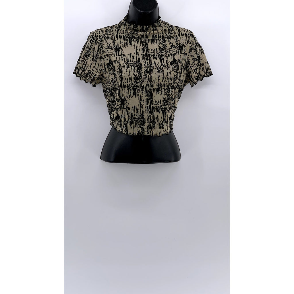 UNBRANDED Women's Black-Brown Printed Short Sleeve Mock-Neck Cropped Top SZ S