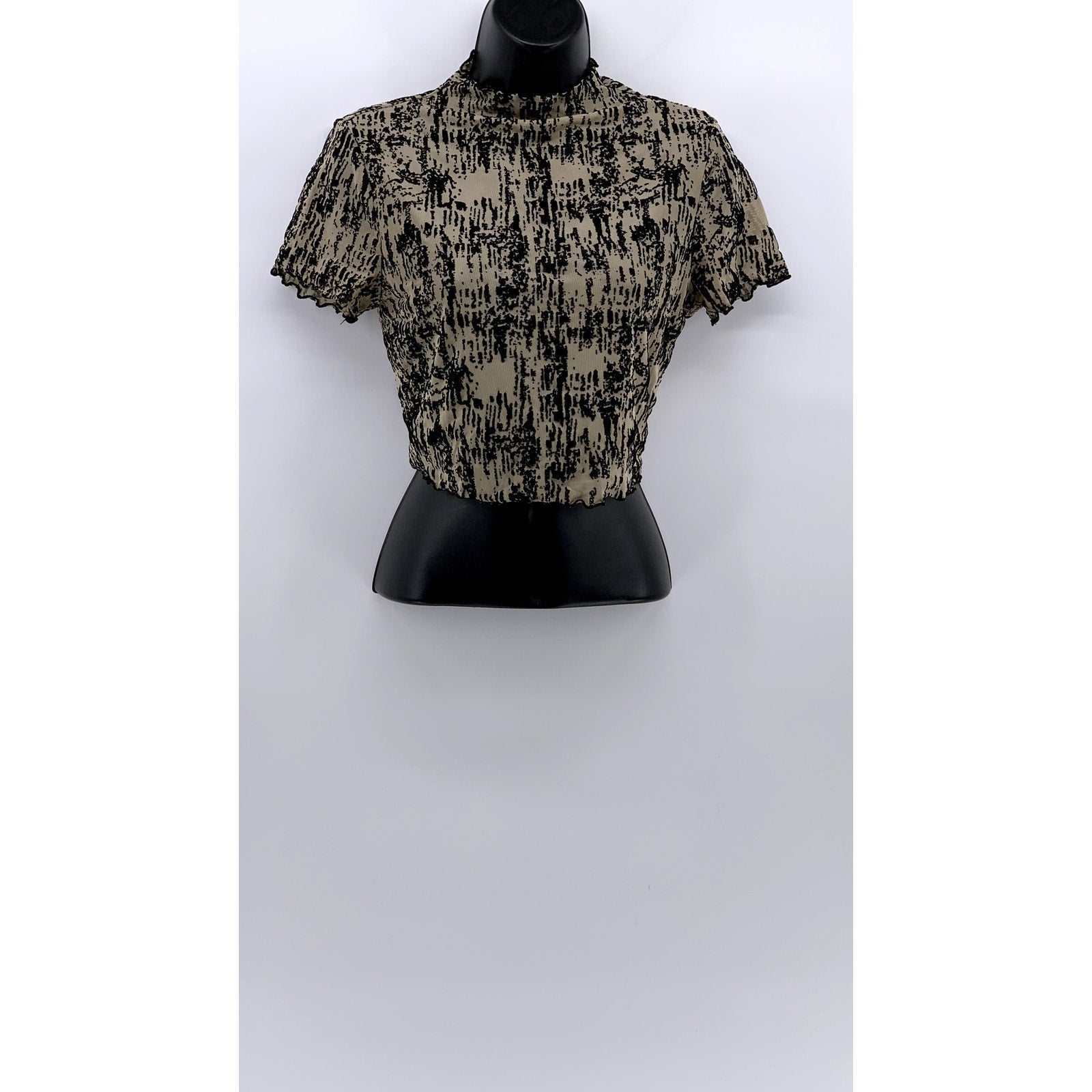 UNBRANDED Women's Black-Brown Printed Short Sleeve Mock-Neck Cropped Top SZ S