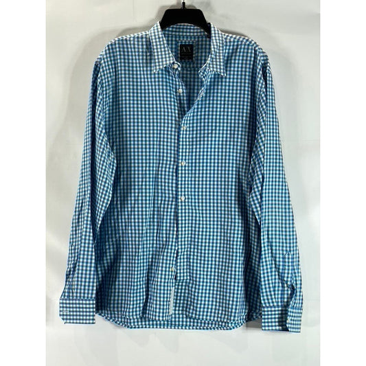 A|X ARMANI EXCHANGE Men's Blue Mini Check Regular-Fit Button-Up Shirt SZ XL