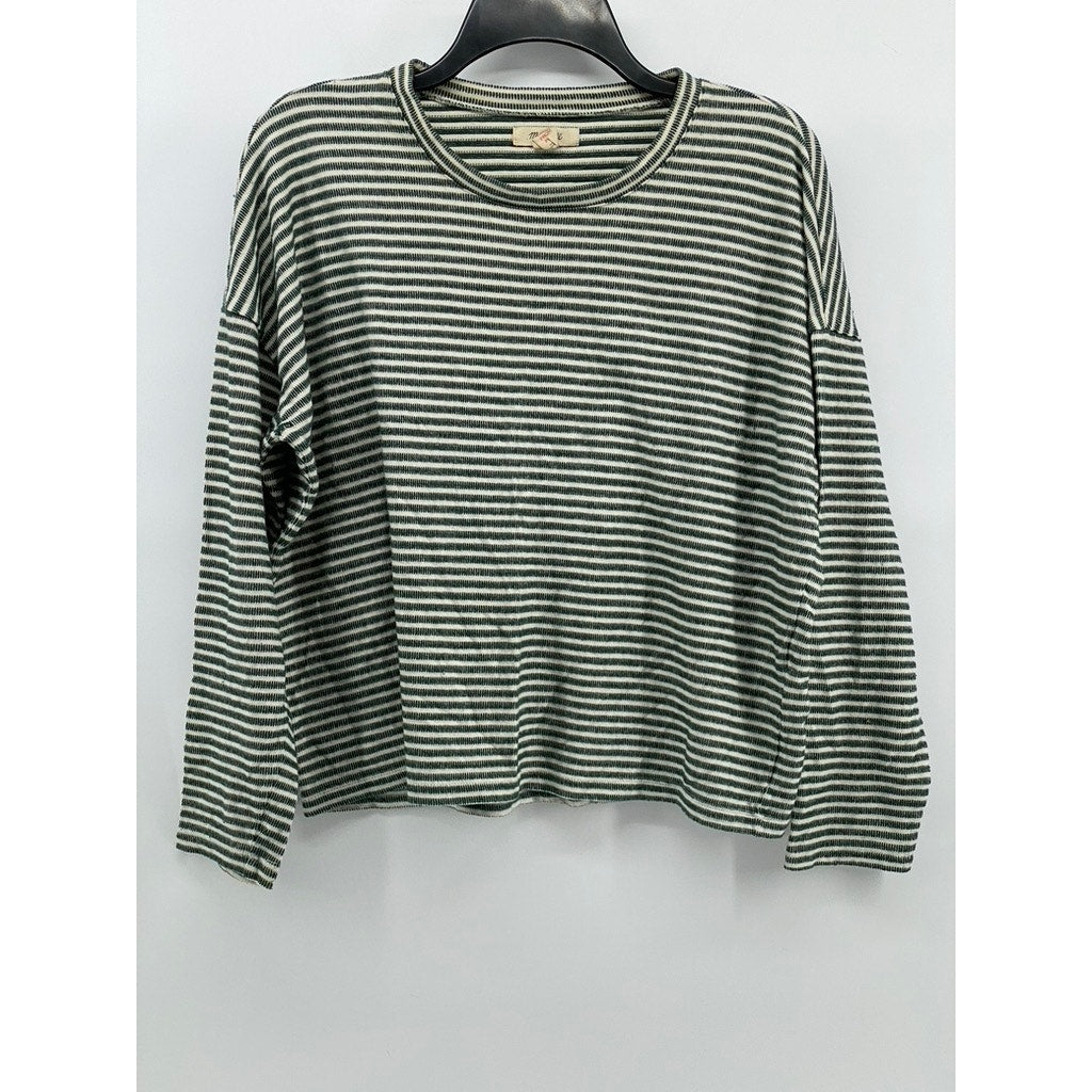 MADEWELL Women's Green-White Striped Crewneck Long Sleeve Knit Sleep Top SZ M