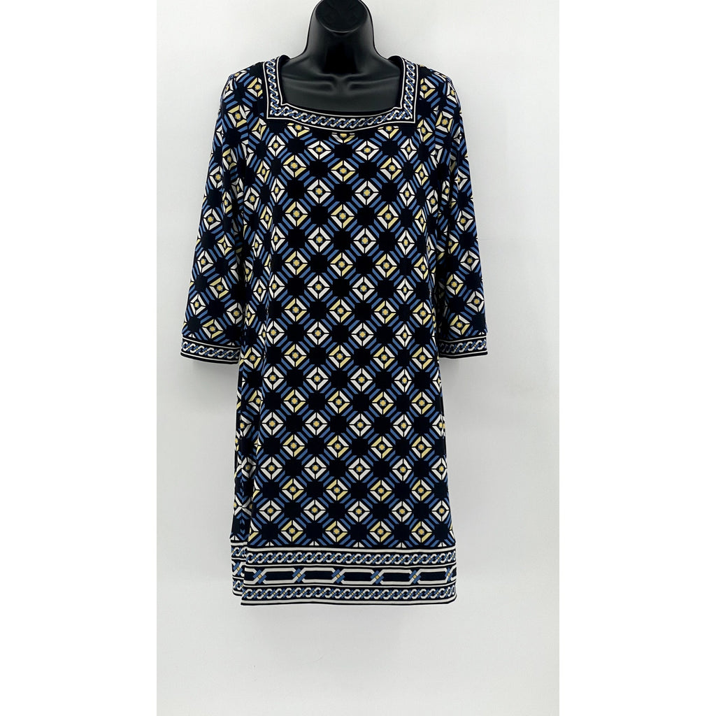 WHITE HOUSE BLACK MARKET Women's Black Geo Print 3/4 Sleeve Dress SZ M