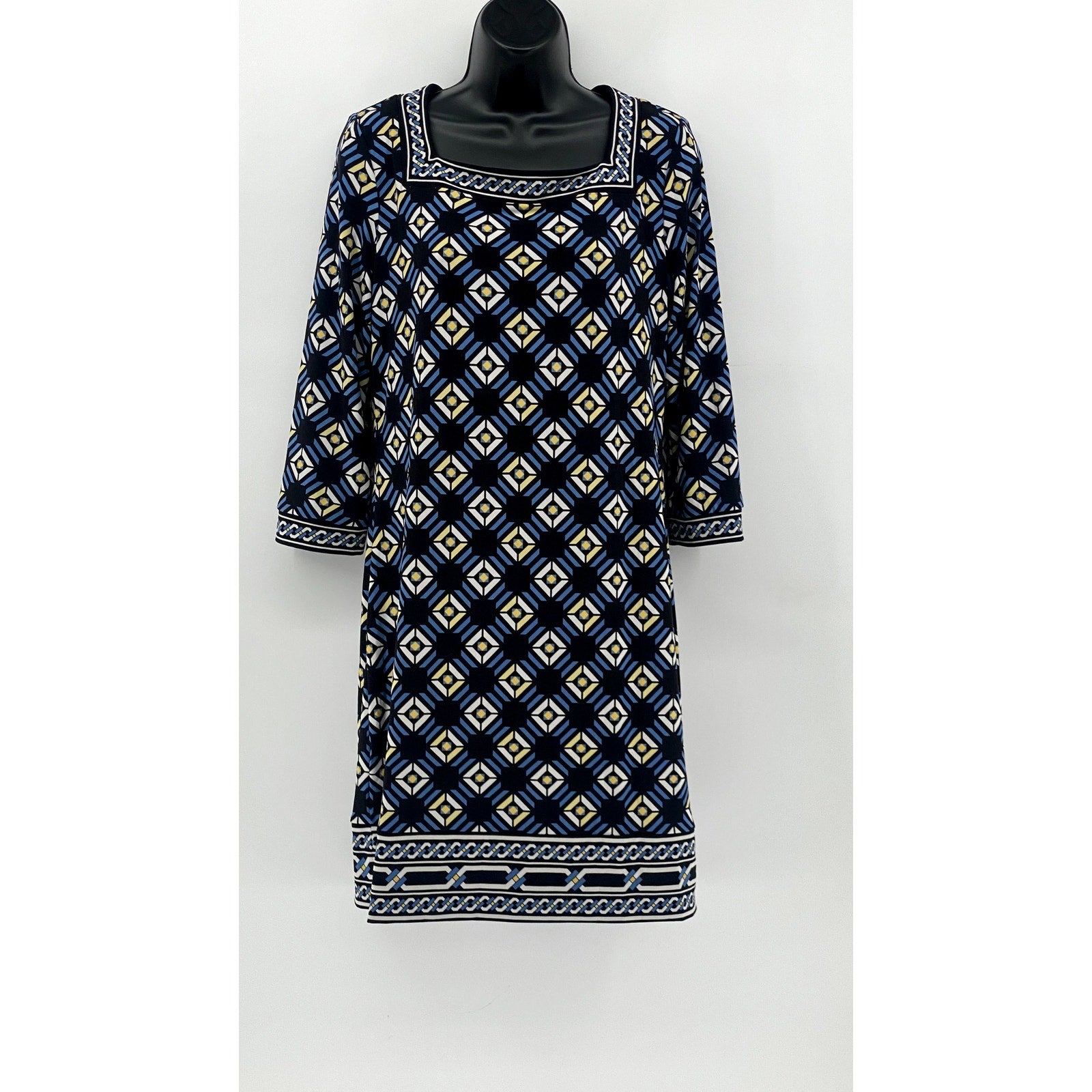 WHITE HOUSE BLACK MARKET Women's Black Geo Print 3/4 Sleeve Dress SZ M