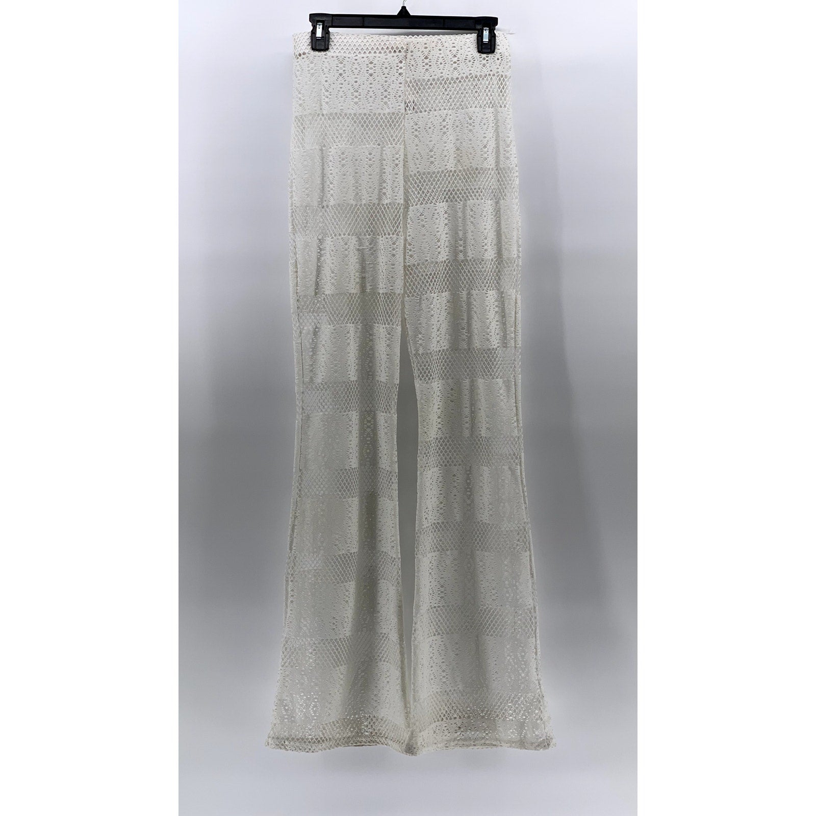 PRETTYLITTLETHING Women's White Mesh Elastic Waist Pull-On Wide-Leg Pant SZ 8